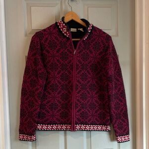 L.L. Bean Women's M Nordic Magenta Black 100% Cotton Full Zip Heavy Sweater